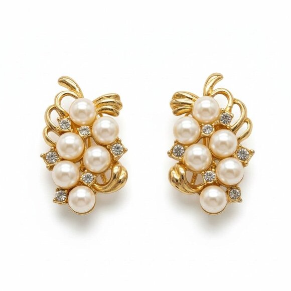 Vintage Gold Clip-On Earrings With Faux Pearls & Rhinestones Elegant Design - Picture 1 of 8
